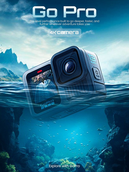 action camera, waterproof camera, 4k camera, adventure camera, compact video camera, sports camera, product launch, brand awareness, outdoor, editorial, energetic, bold, blue, black
